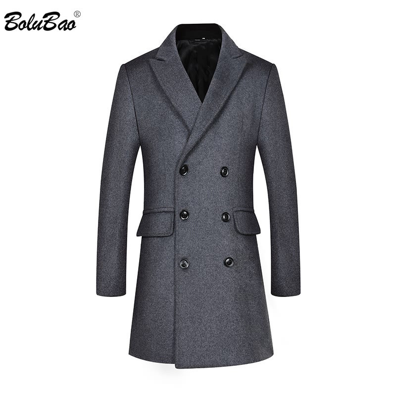 

BOLUBAO Brand Men Wool Blend Coat Men Smart Casual Double Breasted Long Wool Windbreaker Solid Color Wool Blend Coats Male 210518, Gray