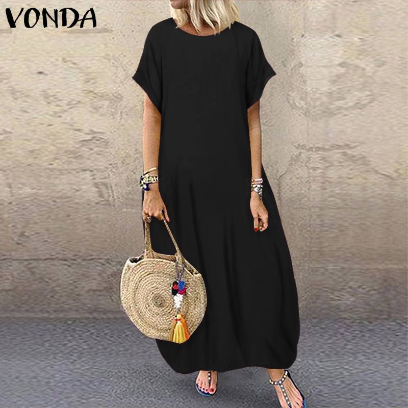 

Vintage Maxi Dress VONDA Women Casual Loose Short Sleeve Long Party Dresses Summer Dress Bohemian Vestidos Plus Size Robe Femme, Black
