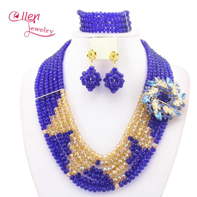 

Earrings & Necklace African Beads Jewelry Set Nigerian Wedding Bridal Party Blue/Champagne Sets Crystal Beaded W9884, As pic