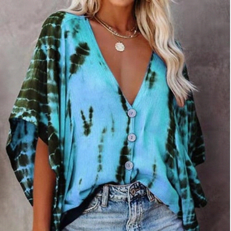 women's Blouse Shirt Color Block Tie Dye Button Print V Neck Basic Streetwear Tops Blue Purple Orange W7kM#-image-756010178