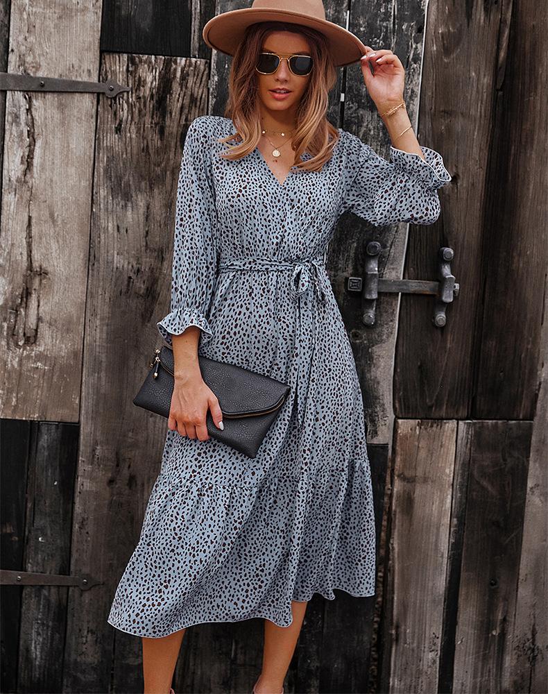 

Casual Dresses Lookinice Leisure Vacation Style 2021 Floral Long Sleeve Autumn And Winter Dress Mid-Calf Skirt, Black;gray