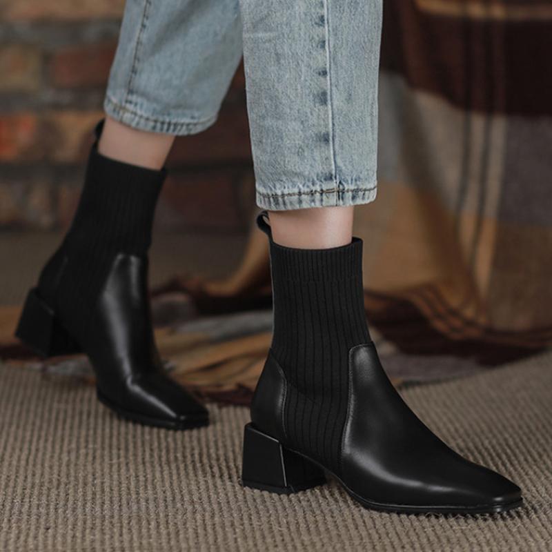 

Boots Women's Winter High Suqare Toe Slip On Woman Knitted Sock Tube Shoes For Women 2021 Ladies Mid Heel, Black