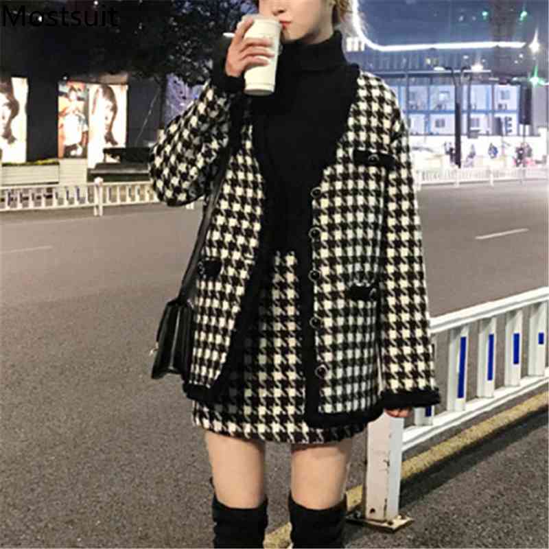 

Houndstooth Vintage Two Piece Sets Outfits Women Autumn Cardigan Tops And Mini Skirt Suits Elegant Ladies Fashion 2 210518, As pictured