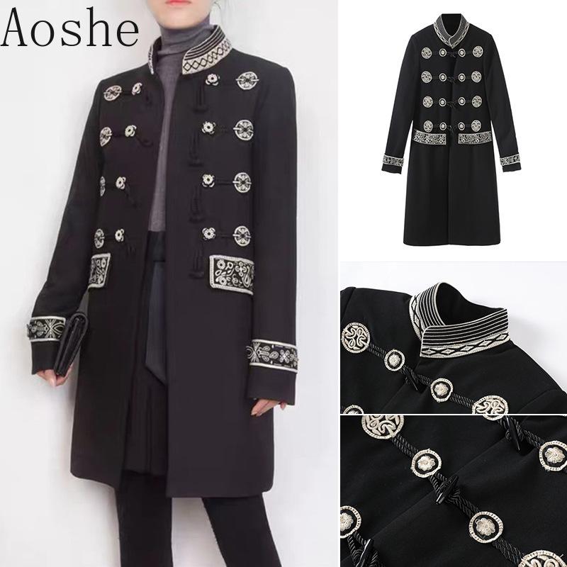 

Women's Trench Coats Aoshe Vintage Embroidery Women Fashion Long Jacket Coat Luxury Fall Winter Stand Collar Slim Sleeve Outwear, Tan;black