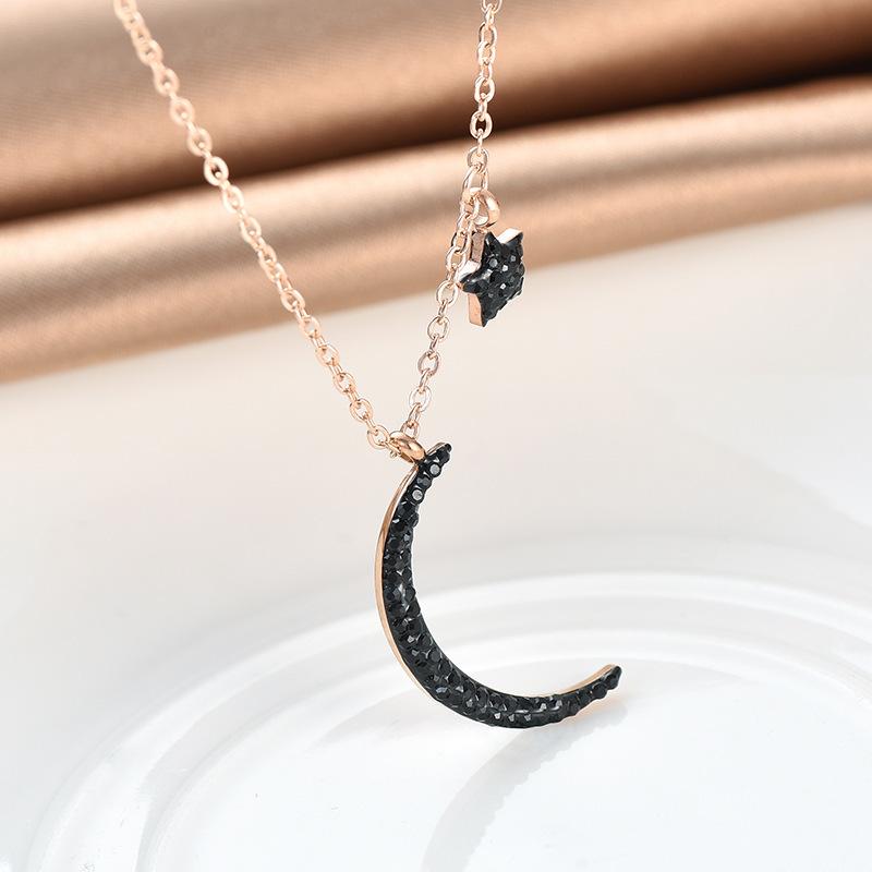 

Pendant Necklaces Korean Style Fashion Black Zircon Star Moon Women Exquisite No Fade Stainless Steel Clavicle Necklace Jewelry