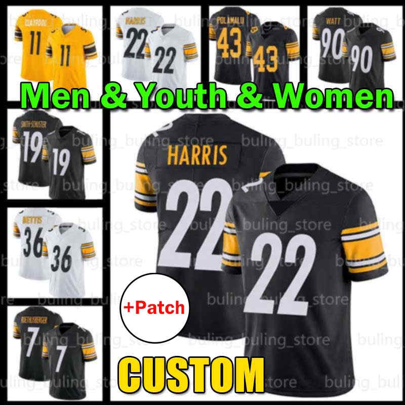 

Pittsburgh 22 Najee Harris jersey 11 Chase Claypool T.J. Watt 19 JuJu Smith-Schuster Steeler Troy Polamalu Joe Greene Ben Roethlisberger Minkah Fitzpatrick Custom, Custom men (gang ren)+patch