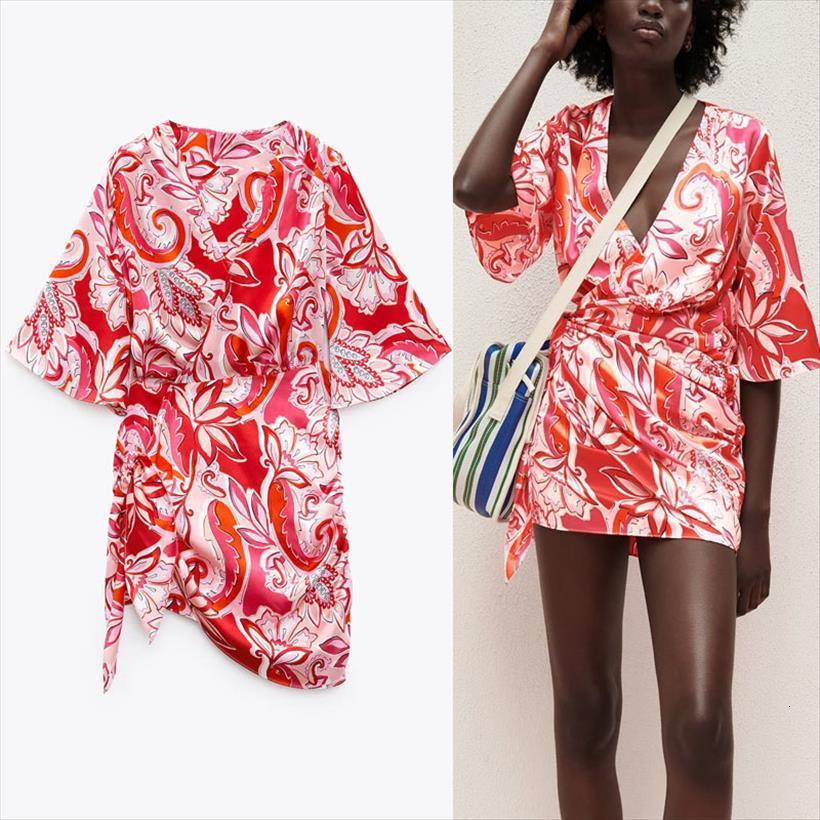 

za summer print short sleeve women dresses side pleats irregular red woman fashion wrap ruching vintage beach, Black;gray