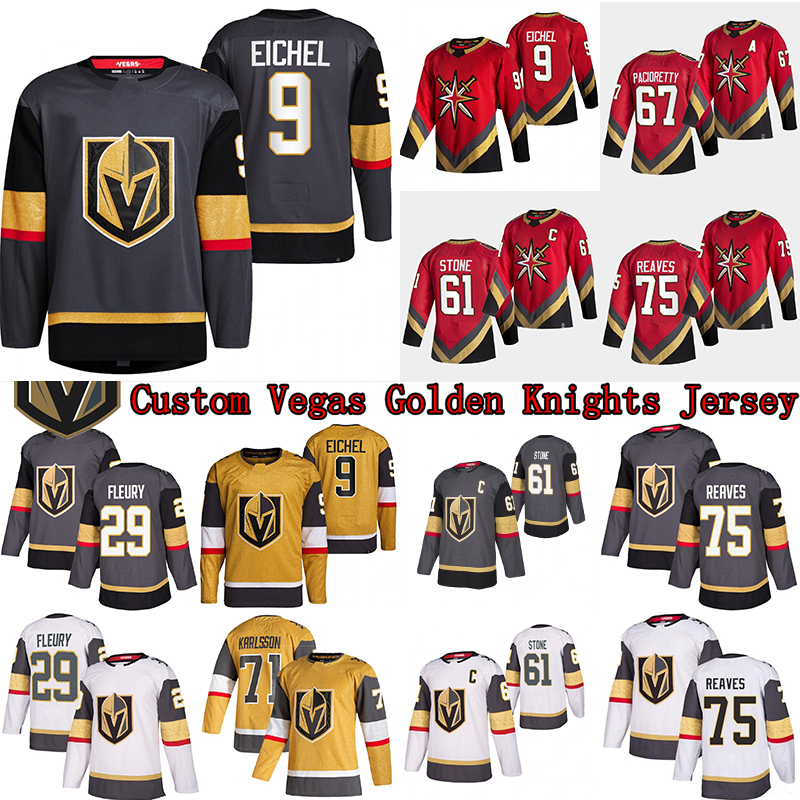 

Vegas Golden Knights Jersey Jack Eichel 29 Marc-Andre Fleury 61 Mark Stone 71William Karlsson 7 Pietrangelo 75 Reaves Hockey Jerseys, Mens glod size