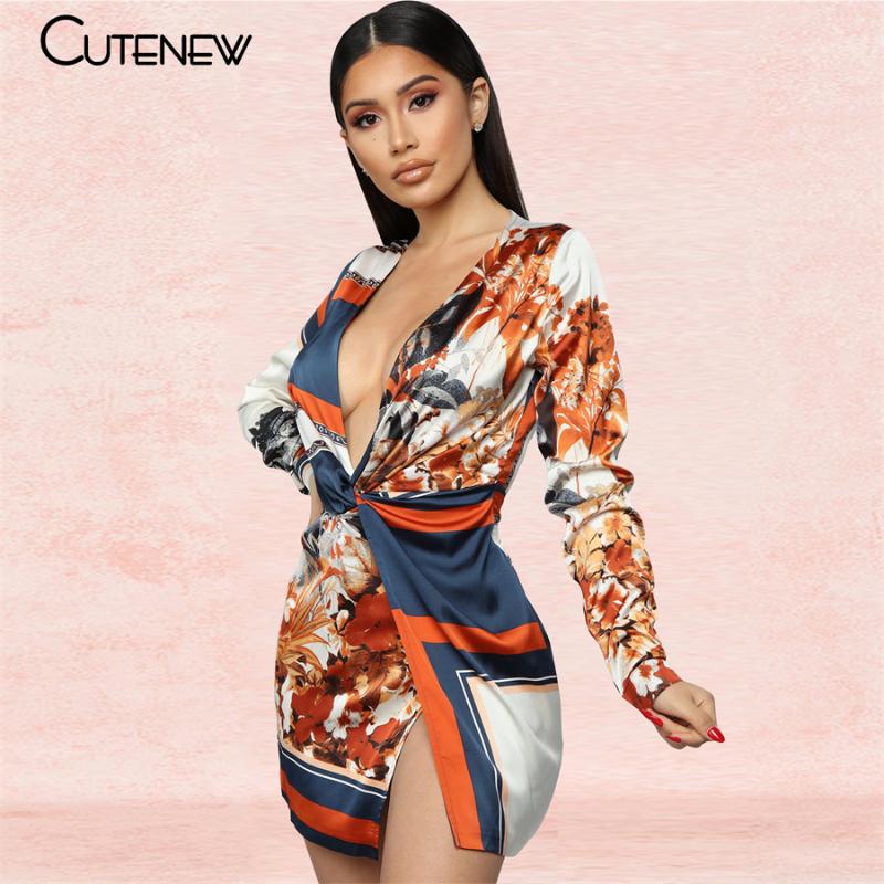 

Casual Dresses Cute Elegant Aesthetic Printing V-Neck Asymmetry Mini Women's Fashion Simple Long Sleeve Stretch Slim Lady Casualwear, Black;gray