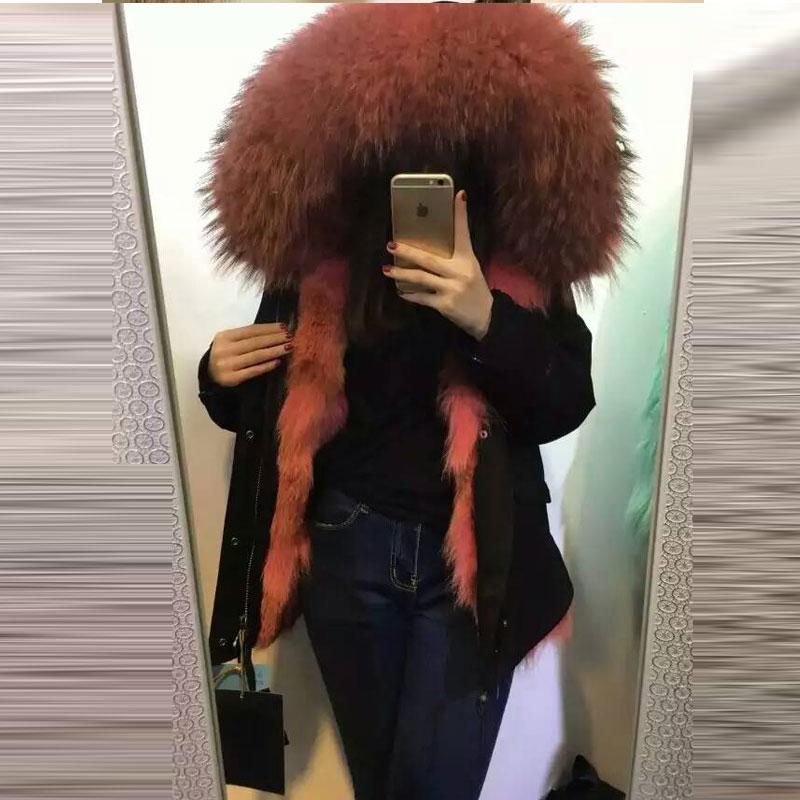 

Women's Fur & Faux Thick Wolf Raccoon Collar Watermelon, Light Blue Real Lined Black Parka Jacket