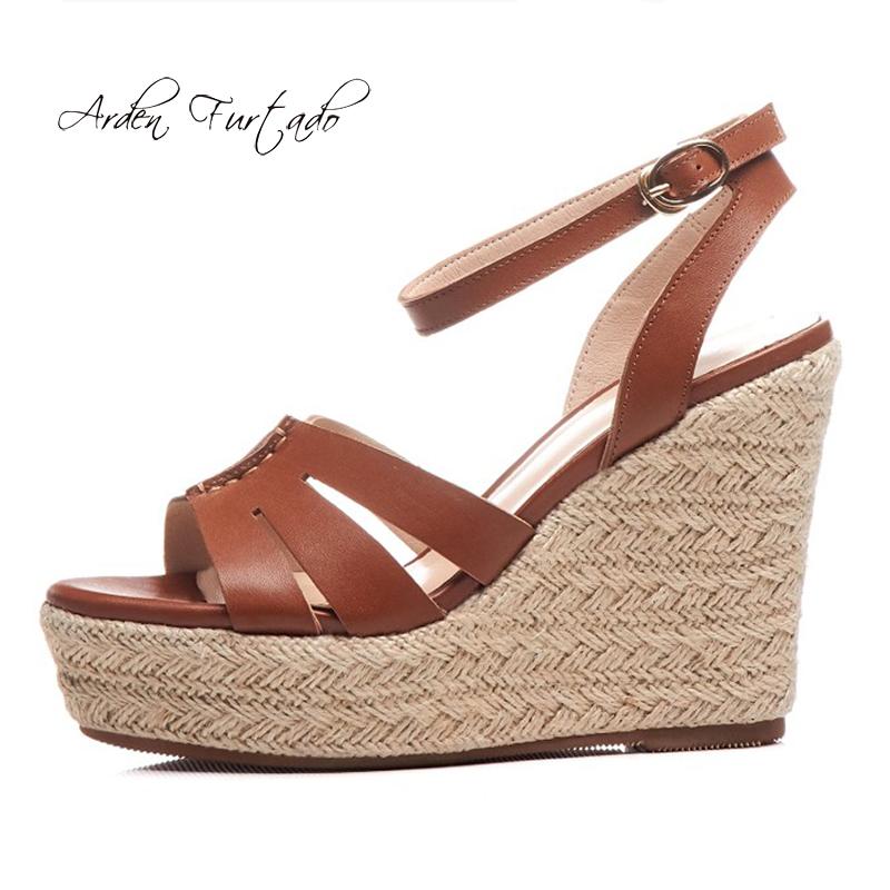 

Summer Wedges Platform Straw Sandals Genuine Leather Ankle Strap Peep Toe High Heels Brown White Casual, Black