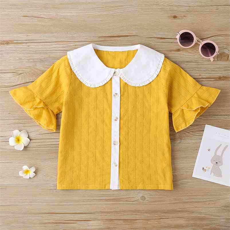 

Summer Children Short Sleeve Peter Pan Collar Single Breasted Yellow Bodycon Cute Baby Girl Or Boys T-shirt 1-8T 210629