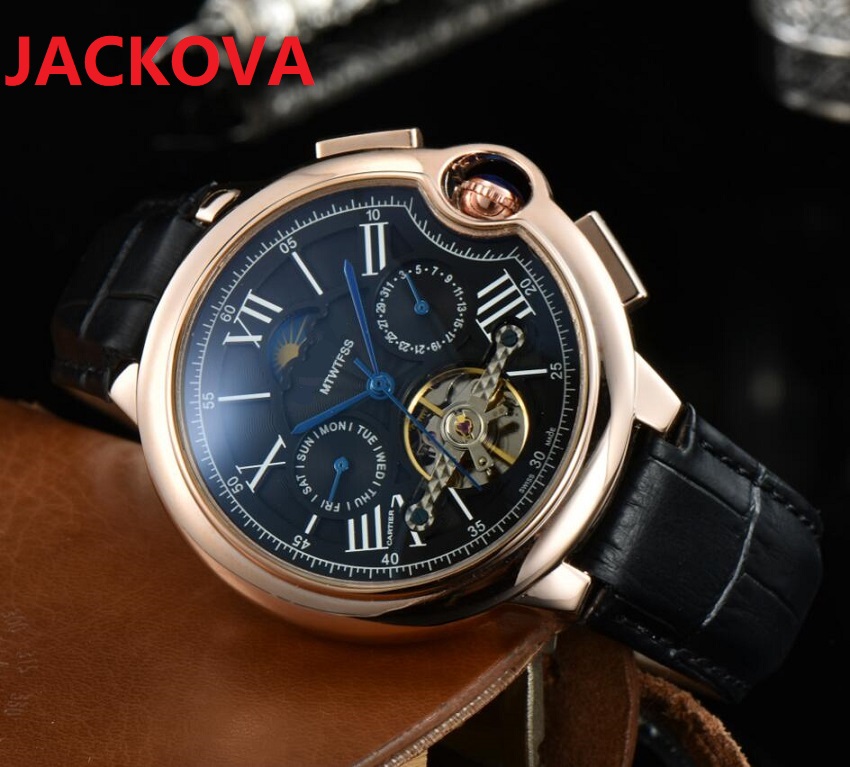 

Self-wind Fashion Gift Daydate Moon watch Sapphire 43MM factory mens automatic mechanical watches leather wristwatch full function clock day and night light, As pic