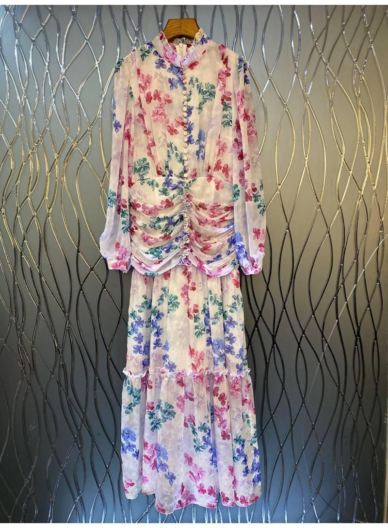

Casual Dresses Maxi Dress 2022 Spring Summer Fashion Style Women Sweet Little Floral Print Pleated Deco Long Sleeve Party, Blue