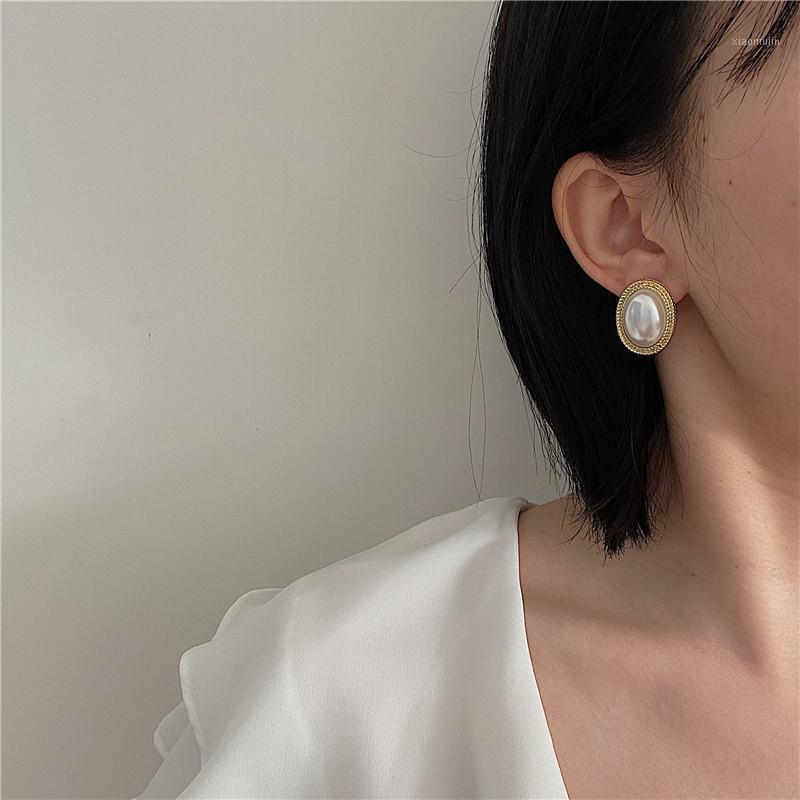 

Stud Temperament High Sense Of Large Pearl Silver Needle Earrings Oval Women