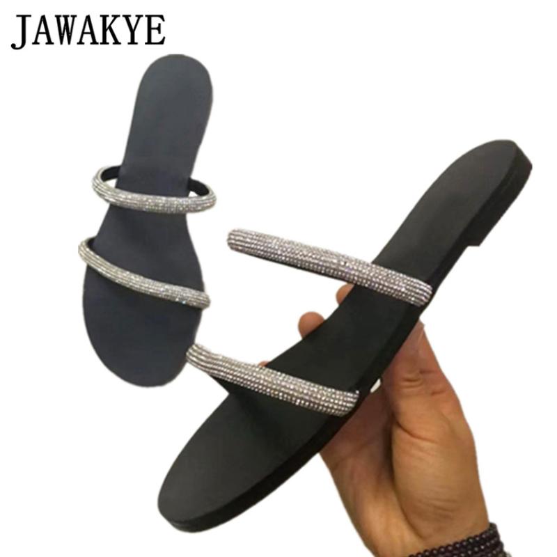 

Slippers Simple Two Belts Silver Rhinestone Flat Women Bling Crystal Sandals Summer Beach Shoes Woman Flats Mules, Black