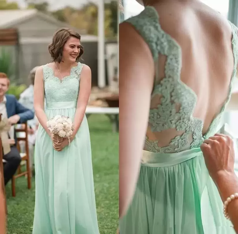 

Mint Green Bridesmaid Dresses Scalloped Neck Lace Applique Floor Length Chiffon Custom Made Plus Size Maid of Honor Gown Beach Wedding vestido Formal Evening Wear