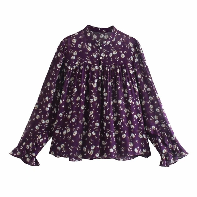 

Cotton stand collar printed shirt Office Lady Retro Tops Women Casual Long Sleeve Sexy Blouse Elegant Boho Fl 210524, Purple
