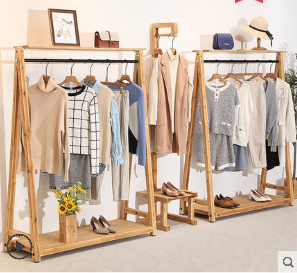 Minimalist men's and women's clothes Wardrobe Storage solid wood clothing store rack display racks floor type retro children's clo-image-713465312
