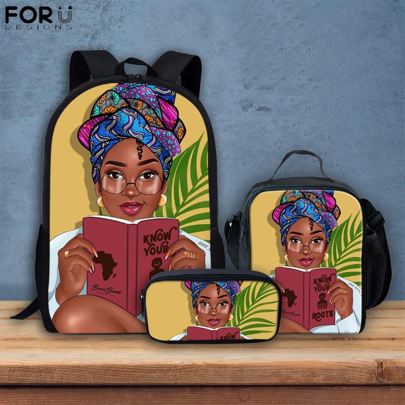 

School Bags FORUDESIGNS Black African Girl Art Print 3Pcs/Set For Teen Large Capacity Kids Primary Bookbags Backpack Pencil Case