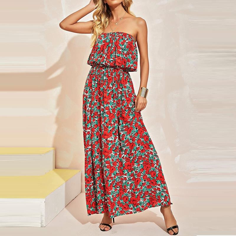 

Casual Dresses Women' Summer Floral Strapless Long Dress Fashion Tube Top Bandeau Maxi Beach Bohemian Print Holiday, Green