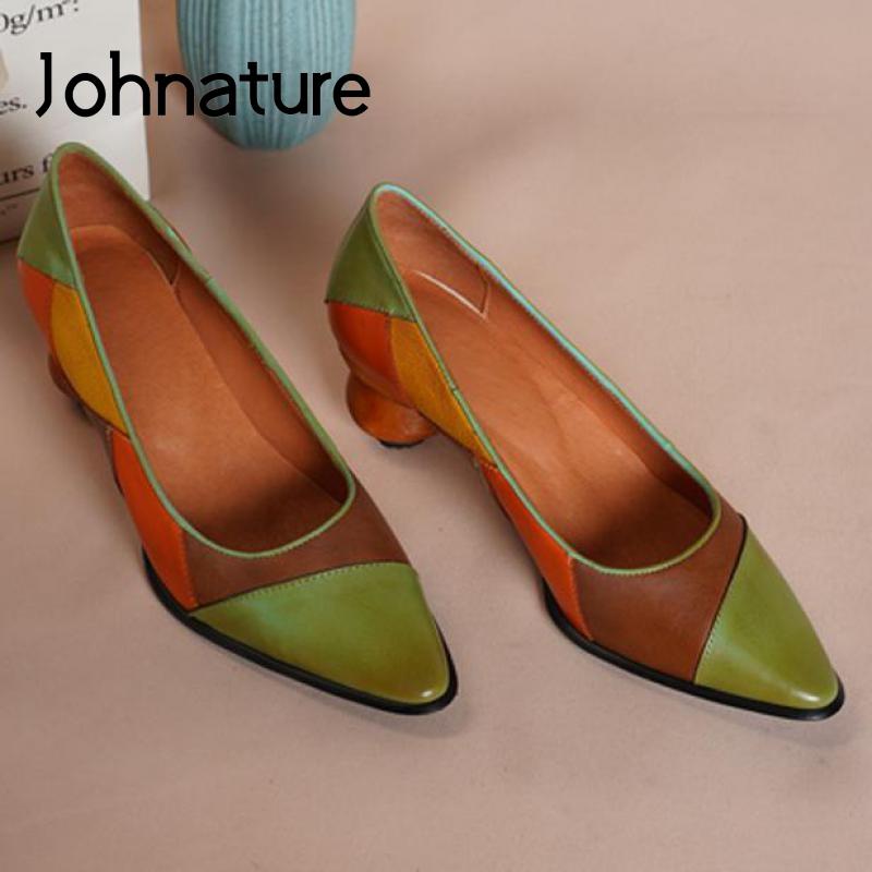 

Johnature Pumps Women Shoes Pointed Toe 2021 Genuine Leather Four Seasons Mixed Colors Retro Shallow Handmade Ladies Dress, Black