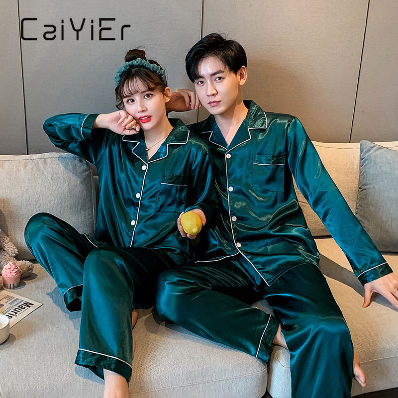 

CAIYIER New Lovers Silk Pajamas Set Solid Long Sleeve Casual Sleepwear Winter Couple Nightwear Men & Women Loungewear -3XL, Cameo brown women