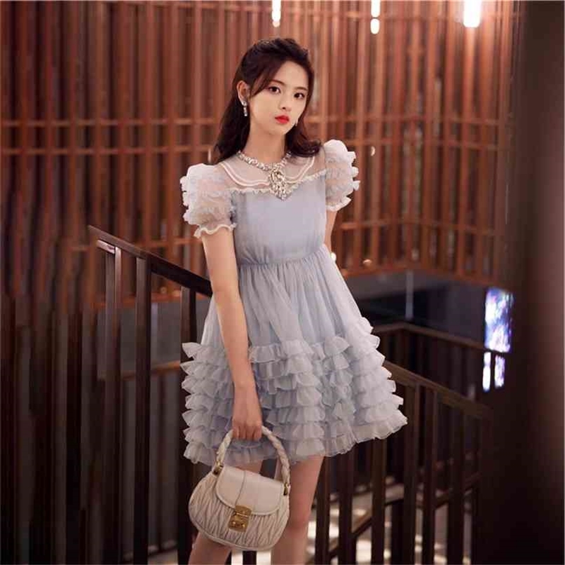 

Cute Ball Gown Party Dress for Women Summer Crystal Beaded Peter pan collar Puff sleeve Cascading Ruffles Mini Cake 210602, Sky blue