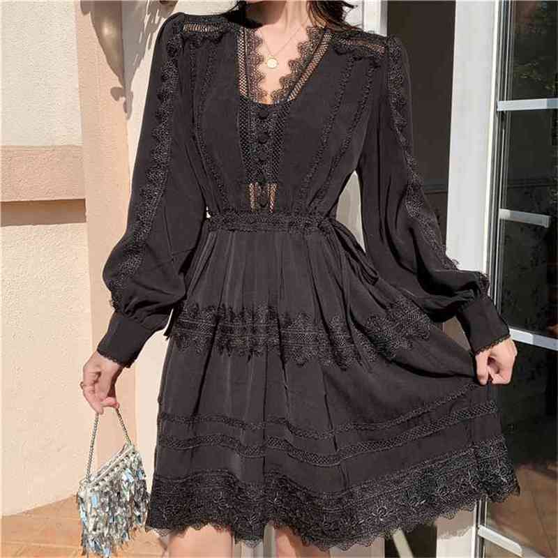 

Autumn Women Lace Dress Fashion Long Sleeve Deep V-Neck Backless Vintage Boho Floral Drawstring Party Mini 210603, Picture color