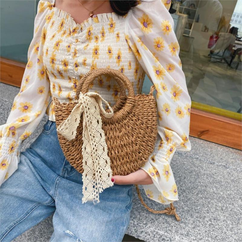 

Evening Bags Leisure Solid Color Handmade Half-Round Rattan Woven Straw Bag Summer Women Messenger Crossbody Girls Small Beach Handbag, Beige