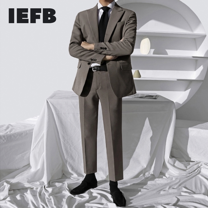 

IEFB men's wear Two pieces of Korean suit for men slim groom wedding casual set handsome notched collar blazers set 210524, Dark khaki