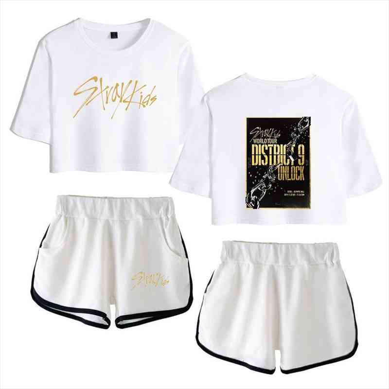 

kpop stray kids tracksuit their world tour district 9 unlock 2d print women two piece set shorts t-shirt clothes, Gray