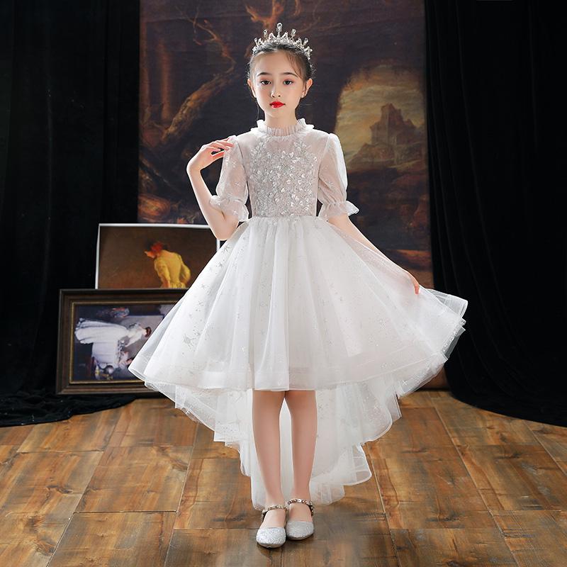 

Girl's Dresses White Flower Girl Dresss With Half Sleeves High Low Kids Prom Gowns Puffy Short Front Long Back Children Birthday Party, Red;yellow