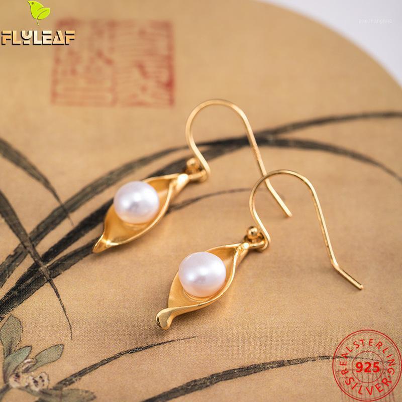 

18k Gold Freshwater Pearls Leaf Dew Drop Earrings For Women 925 Sterling Silver Chinese Style Female Vintage Jewelry 2022 Trend Dangle & Cha