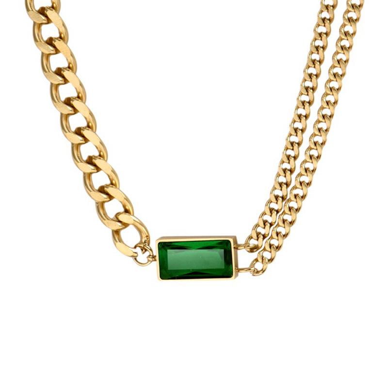 

Chokers GOSSIPSTAR Colorfast Titanium Steel Necklace Inlaid With Green Zircon Double-layer CUBAN CHAIN As Gift For Woman