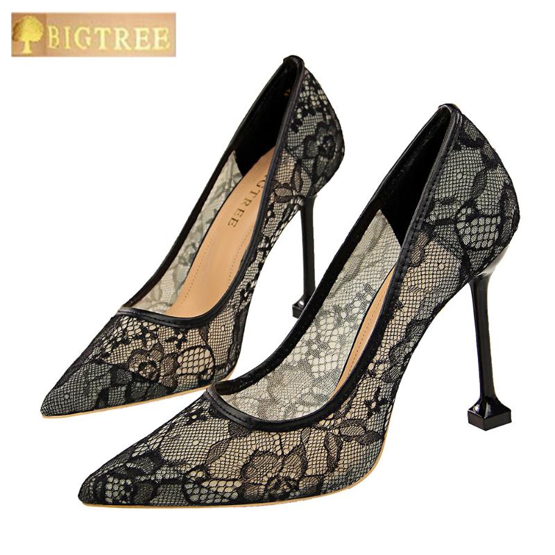 

Dress Shoes Fashion Sexy Women Pumps 9.5CM Thin High Heel Nightclub Lace Hollow Mesh Shallow Mouth Pointed Toe Women's, Black