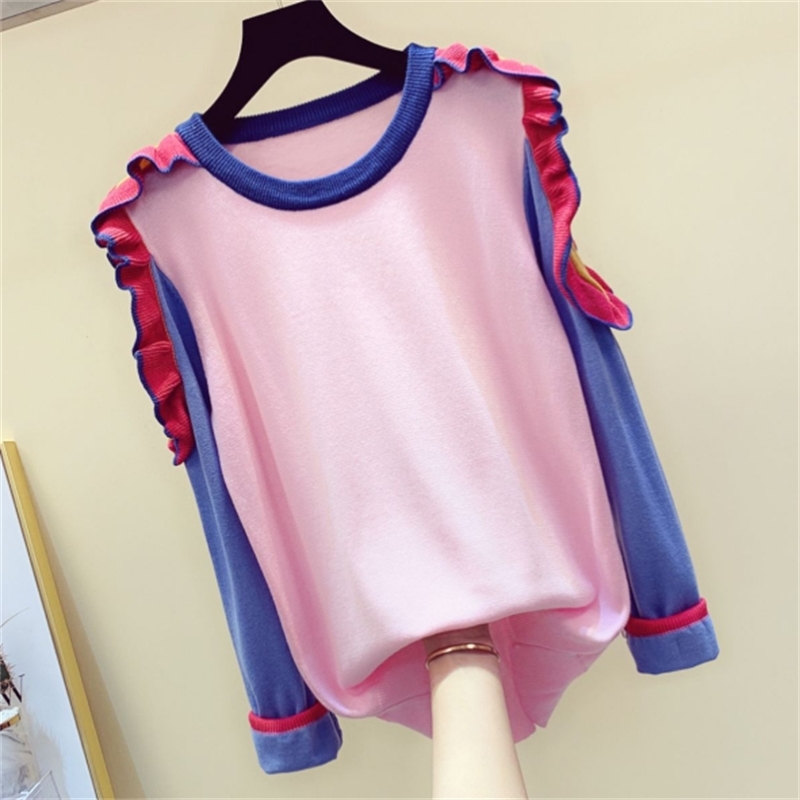 

Shoulderless Sweater Women Spring Autumn Sweaters Lotus Leaf Edge Long Sleeve Knitted Shirt Girls Ladies Pull Femme Jumper A4481 210428, Pink