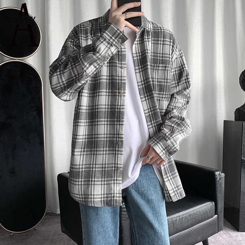 

Casual Plaid Shirt for Men Long Sleeve Cotton Streetwear Oversized Korean Harajuku Japanese Fashion Button Up Dress s 210721, Gray