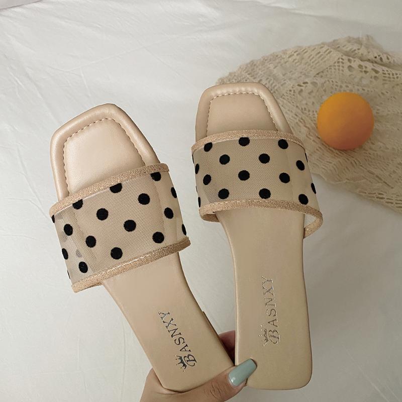 

Slippers 2021 Women's Breathable Mesh Polka Dot Black Tulle Flat Open Toe Temperament Women Shoes, Beige