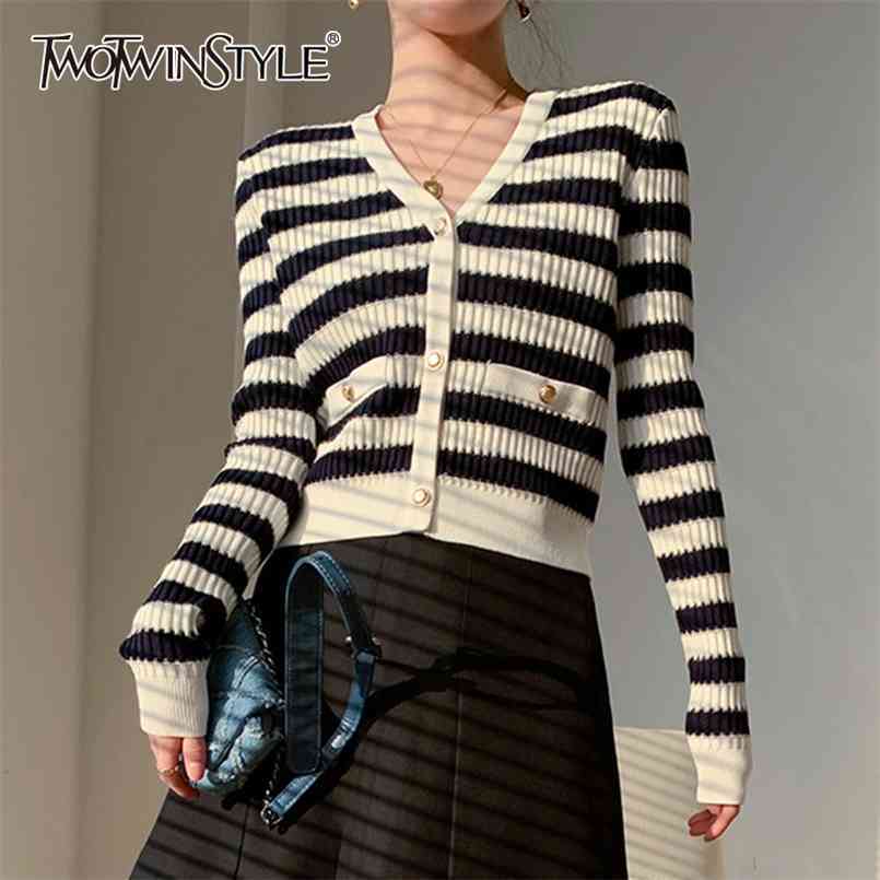 

Striped Patchwork Button Sweater For Women V Neck Long Sleeve Hit Color Korean Knitted Cardigans Female Fashion 210524