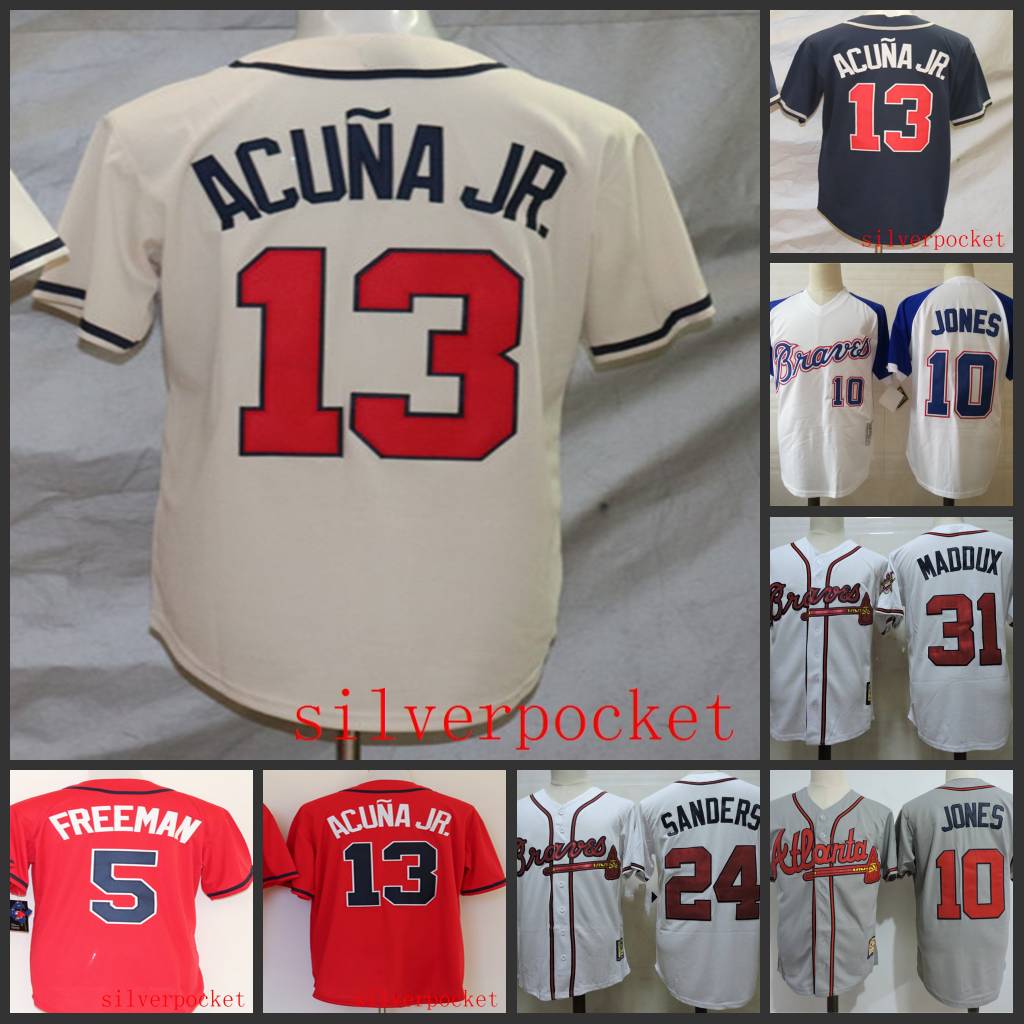 

Ronald Acuna Jr. jersey Marcell Ozuna Freddie Freeman Travis d'Arnaud Chipper Jones Ozzie Albies Dansby Swanson Max Fried Baseball Jerseys, Blue;black
