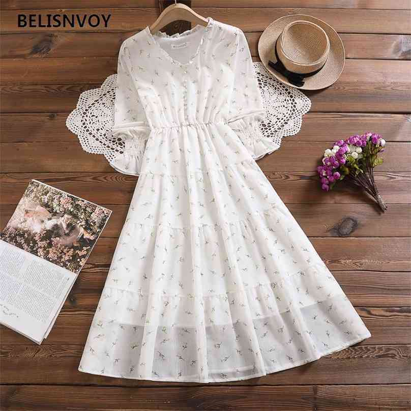 

Summer Korean Chic V-neck Elegant Sweet Dress Women Long Sleeve Chiffon Floral Printed Vestidos Party Beach for Females 210520, White