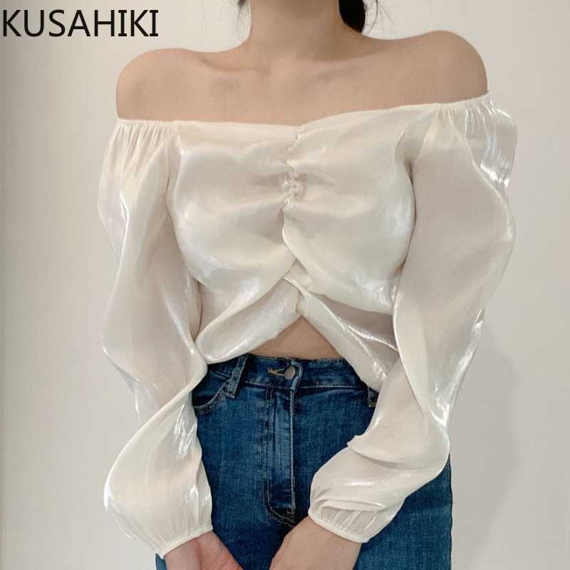 

Chiffon Pleated Slash Neck Sexy Strapless Women Top Puff Sleeve Elegant Korean Blouse Solid Blusas Shirt 6G294 210603, Blue