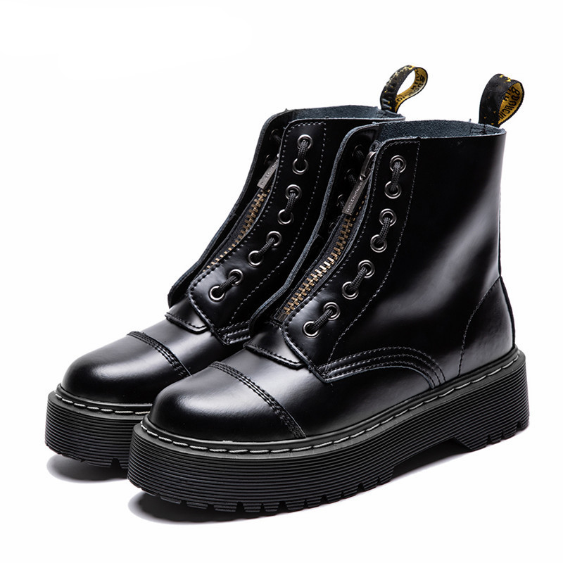 

New Fashion Round Toe Chunky Ankle Boots For Woman Lace-Up Zipper Punk Platform Martin Botas Mujer Thick Bottom Cow Leather Gothic Shoe, Black