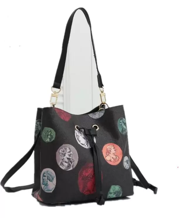 

New NEONOE bucket bag Fashion top quality leather Shoulder bags women famous Drawstring tote handbags flower printing crossbody purse, Brown