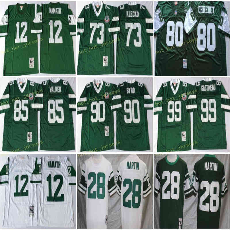 

Vintage New Yolks 12 Jot Joe Namath 73 Klecko 90 Dennis Byrd 99 Mark Gastineau 85 Wesley Walker Curtis Martin 80 Chrebet Football Jersey, Black;red