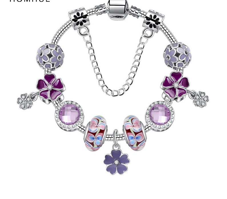 

Fashion Pandora Style Charm Bracelet Women Purple Five Petals Flower European Charm Beads Magnolia Dangle Fits Pandora Charm Bracelets Necklace DIY Jewelry