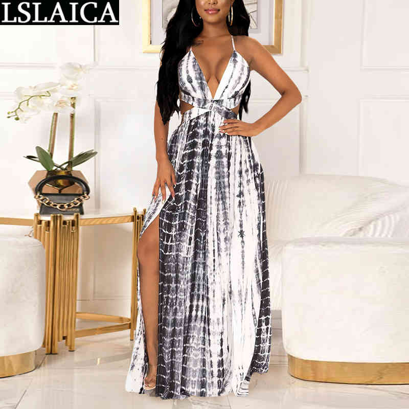 

Summer Dress Strapless Deep V Neck Tie-dye Print Backless Criss-cross Bandage Female Elegant Evening Party Club Long 210520, Green