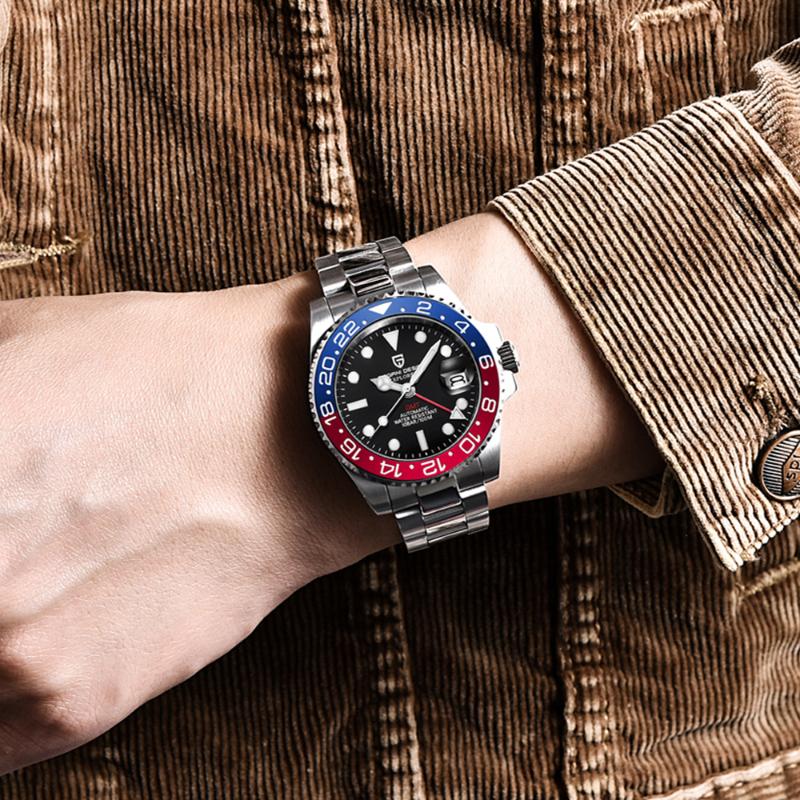 

Wristwatches PAGANI DESIGN Automatic Mechanical Watch Men Sapphire Glass Luminous Waterproof Calendar Military GMT Male, Slivery;brown