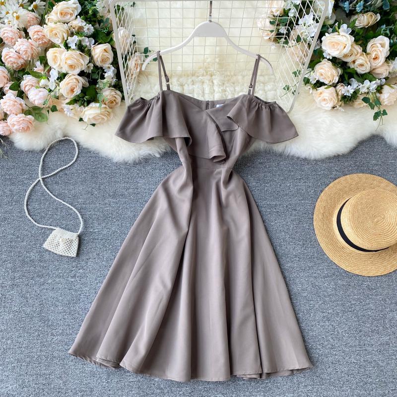 

Spring Summer Women's Casual Dress Spaghetti Strap High Waist Slash Neck Solid Fashion Ruffle Ladies 210520, Black